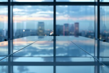 Fototapeta premium Modern office table with city view at dusk