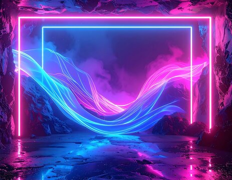 Neon-lit cavern with flowing ribbons and rectangular frame