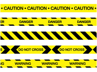 A set of yellow and black warning tapes featuring texts like "CAUTION," "DANGER," and "DO NOT CROSS." Perfect for creating borders, backgrounds, and safety-themed designs