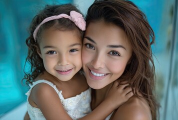 a woman and her daughter in an underwater glass room, the girl is smiling at the camera while hugging her mother from behind, wearing a white dress with a pink ribbon on her head