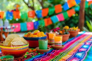 Colorful table setting with traditional mexican food and drinks