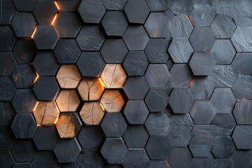 Hexagonal wooden tiles with glowing orange light cracks create futuristic textured wall design with mix of natural wood and dark stone elements, evoking warmth and modern style