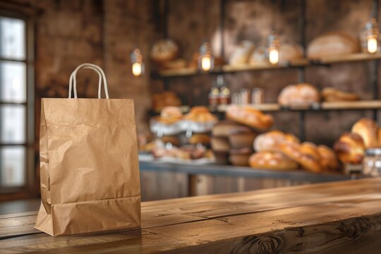 Brown paper bag on wooden table in bakery