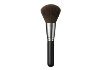Makeup brush with dense brown bristles, black handle, and metal ferrule