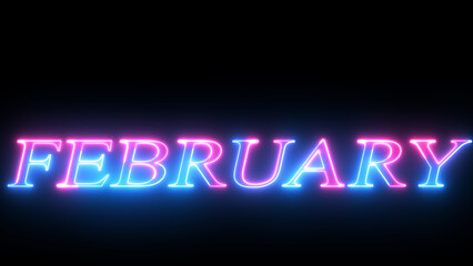 February neon sing on black background. Abstract glowing neon light February  month text background illustration.