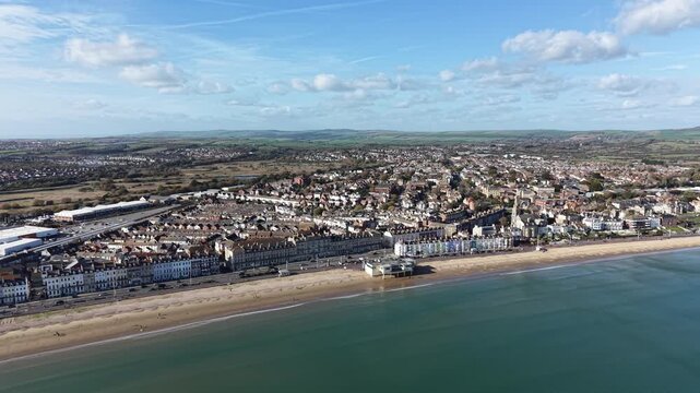 Aerial drone view of the popular seaside town of Weymouth, Dorset England, UK