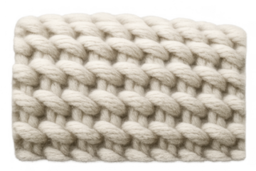 Creamy white chunky knit fabric forming a decorative cable pattern, highlighting natural wool texture. Transparent background