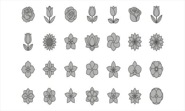 Gray line art flower icon collection with various floral symbols. Vector set of rose, tulip, and lotus blossoms for modern graphic design