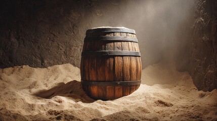 Fototapeta premium Wooden barrel on a sandy surface in a dimly lit space, evoking a sense of rustic storage and time-worn charm. The texture of the wood contrasts with the soft sand.