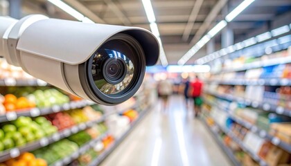 security camera's lens reflecting panorama of supermarket 