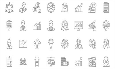 Extensive collection of business and finance line icons depicting growth, analytics, success, teamwork, and strategy for corporate designs and data visualization projects