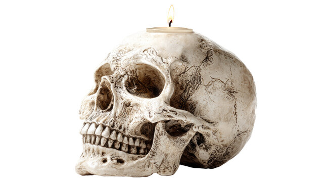 skull candle decor, realistic human skull with candle on top halloween decoration spooky horror theme gothic style macabre object wax light creepy skeleton ornamental design
