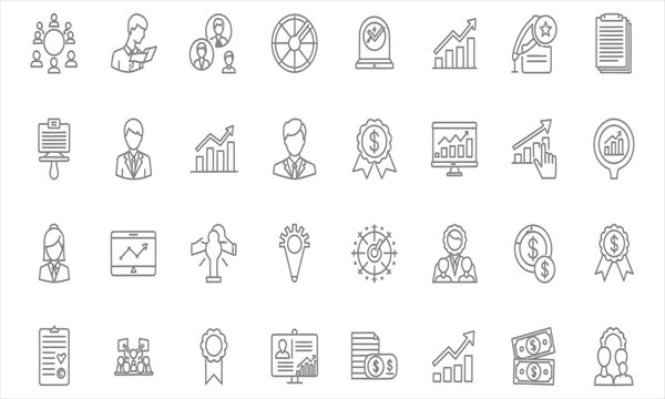 Extensive collection of business and finance line icons depicting growth, analytics, success, teamwork, and strategy for corporate designs and data visualization projects