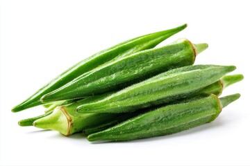 Fresh okra pile closeup on white background Green vegetable harvest on transparent background
