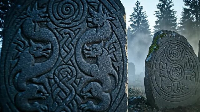 Misty forest revealing ancient runestones with intricate dragon and celtic knot carvings. Moss covered standing stones in foggy woodland setting. Mystical viking era inspired historical footage of