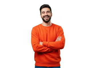 Man wearing orange sweater arms crossed isolated on transparent background