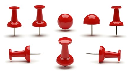 Set of red pushpins and thumbtacks showing various angles isolated on white background.