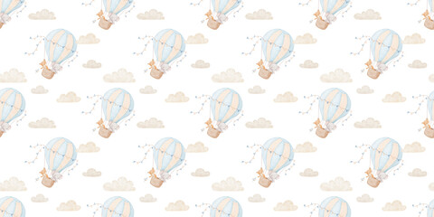 Seamless watercolor pattern with hot air balloon and cute animals, hand drawn repeating background for nursery fabric