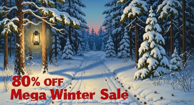 Mega winter sale 80 off in snowy forest with lantern and trees background