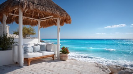 Obraz premium Relaxing Thatched Cabana With Comfortable Seating Area Overlooking Sparkling Turquoise Ocean Waters Under A Clear Blue Sky On A Sunny Day