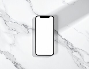 Minimalist smartphone mockup on white marble surface, blank screen template for mobile app UI design and technology branding presentation