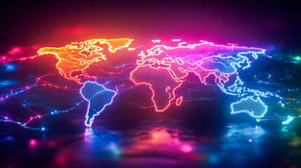 Abstract neon world map with glowing colorful lines and vibrant energy streams, wallpaper