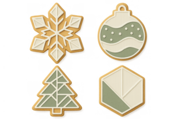Christmas holiday gingerbread cookies set featuring snowflake, ornament, tree, and abstract shapes, transparent background