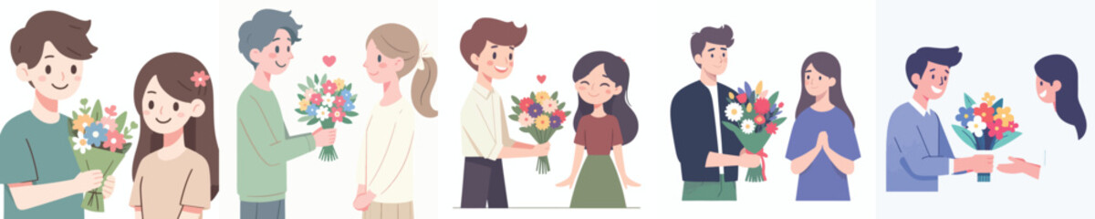 vector half body of a couple giving flowers to his friend