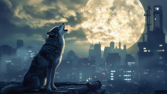 満月の夜 都市のスカイラインを背景に遠吠えする孤高のオオカミ