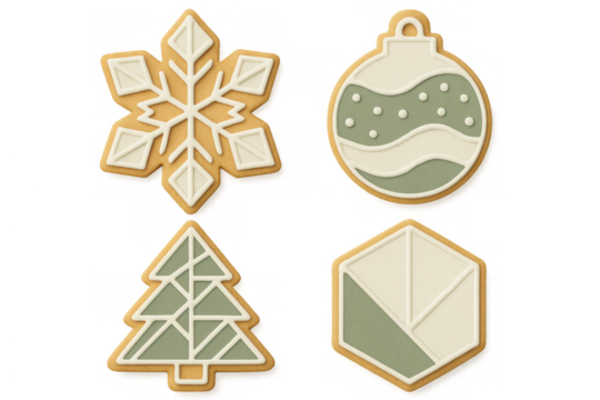 Christmas holiday gingerbread cookies set featuring snowflake, ornament, tree, and abstract shapes, transparent background