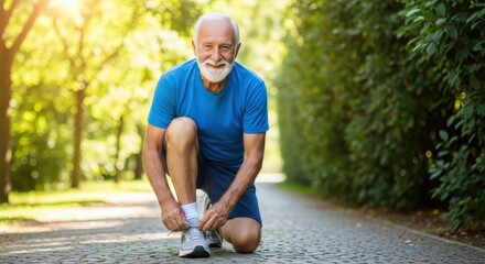 Senior man in blue shirt tying shoelaces in park on sunny day, healthy lifestyle