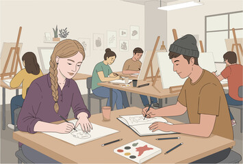 Fototapeta premium Class in students engaging in drawing creative learning environment casual perspective