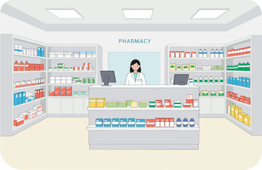 Pharmacy counter service retail store digital display clean environment front view healthcare concept