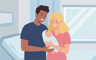 New parents celebrate joyful arrival of baby in hospital room emotional family moment warm lighting view