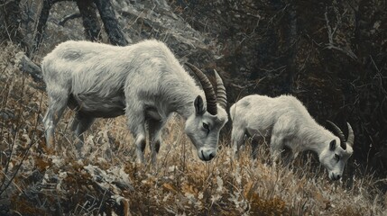 Two white mountain goats graze on a hillside.
