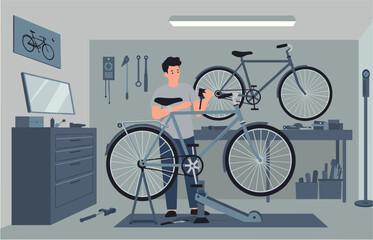 Bicycle repair action by a mechanic in a workshop illustrated digital indoor environment creative perspective
