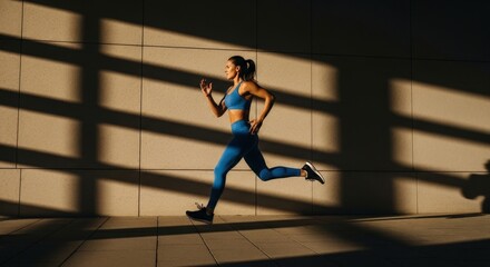 Young athletic woman in blue activewear during an outdoor cardio workout, captured in a dynamic running pose against a shadowed wall