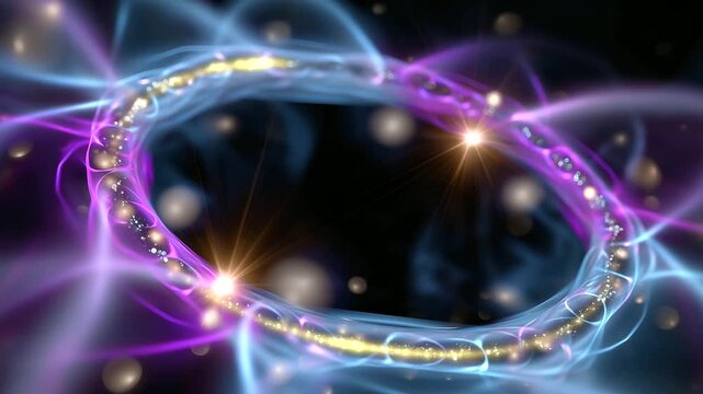 Faceless glowing pattern resembling interlaced light rings, softly defocused edges and spiritual luminosity, with copy space.
