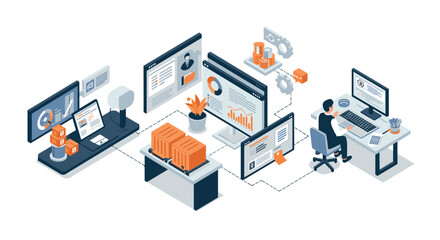 Obraz premium Business operations in isometric design with technology integration and data analysis