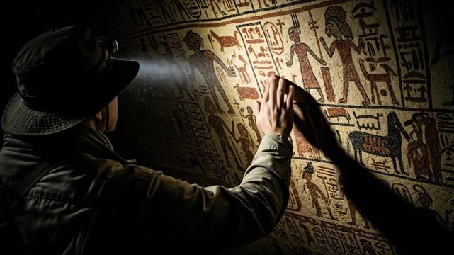 Man as archaeologist exploring ancient Egyptian tomb. Studying hieroglyphs on pyramid wall with headlamp in dim interior. Adventure discovery footage.