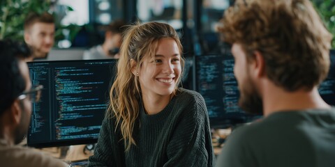 Smiling woman in dark sweater chats with colleagues in a modern tech office with lines of code on screen, concept for software development, collaborative teamwork and startup company culture