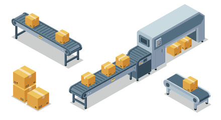 Obraz premium Automated conveyor belt system with cardboard boxes in modern industrial setting