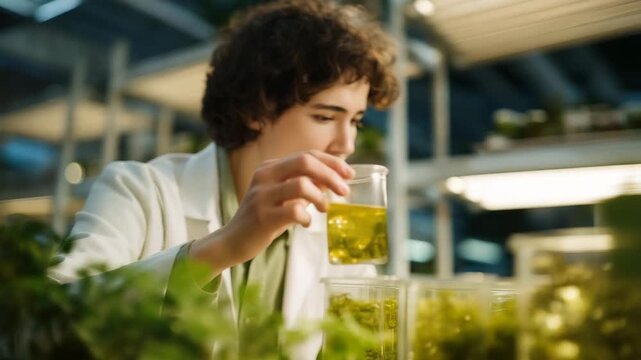 Scientist examining genetically modified microbes inside transparent incubator, emotion of fascination visible, symbolizing eco-friendly biotechnology solutions for pollution control and