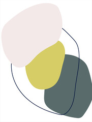 Soft overlapping shapes in pale pink, olive, and gray outlined by thin dark lines.
