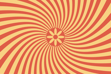 Retro swirl starburst with groovy wavy spiral rays and flower. Yellow and orange abstract sun background for retro 60s and 70s posters and wallpaper design.