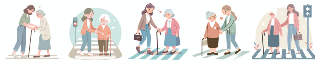 a woman helps an grandmother cross the road