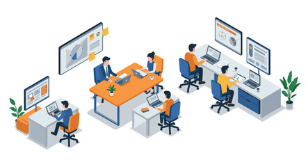 Obraz premium Modern office workspace isometric design with team collaboration and technology integration