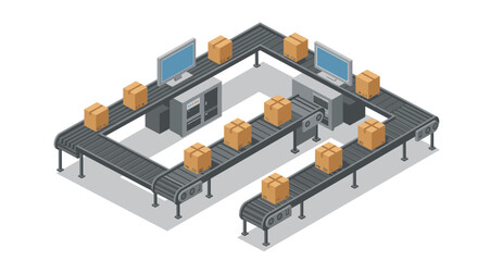 Isometric conveyor belt system with cardboard boxes and computers