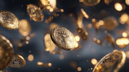 Floating bitcoin coins with a dark background and bokeh lights scattering gold dust particles, concept for cryptocurrency investment, financial technology and blockchain network promotion