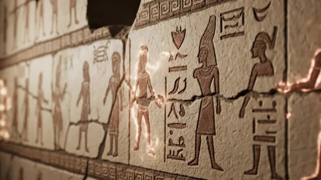 Ancient Egyptian temple wall with hieroglyphs and pharaoh figures coming to life through glowing light animation. Mystical illumination of carvings revealing historical secrets in stone relief